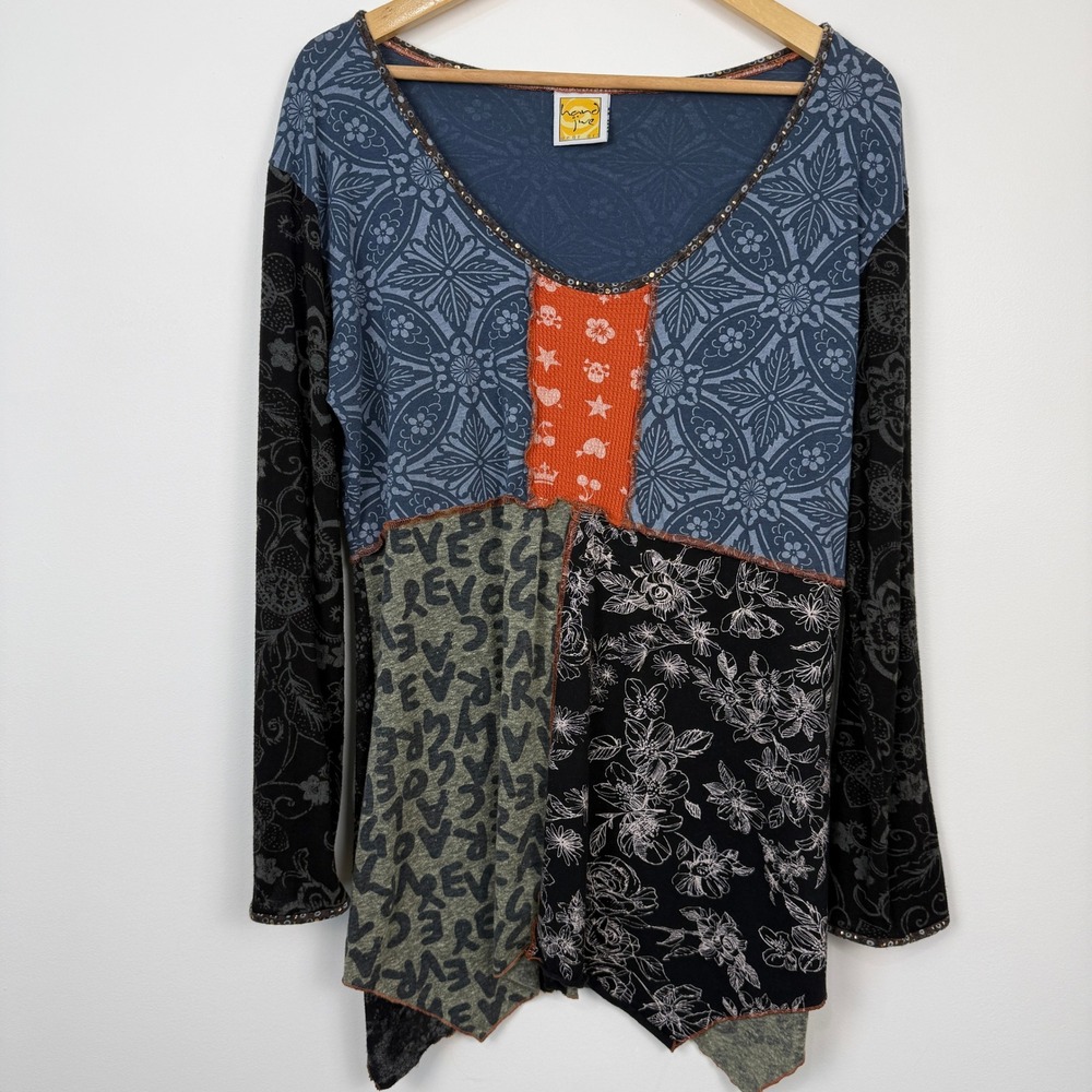 Hand Jive Wearable Art Patchwork Tunic Top Womens XL Hippie Boho Handmade